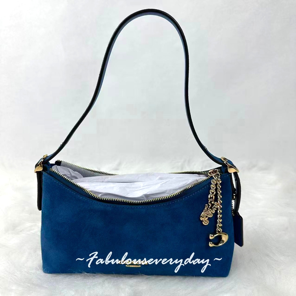 Coach Emeilia Shoulder Bag In Suede & Leather/Gold/Blue Jay CFN73 NWT